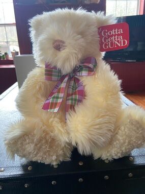 Gund Cream Plush Bear with Multicolor Plaid Bow
